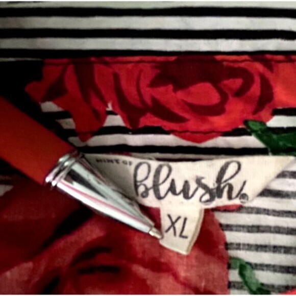 Hint of Blush XL Cold Shoulder Blouse Stripe Red Floral Ruffle Cotton Summer Top - Picture 6 of 9